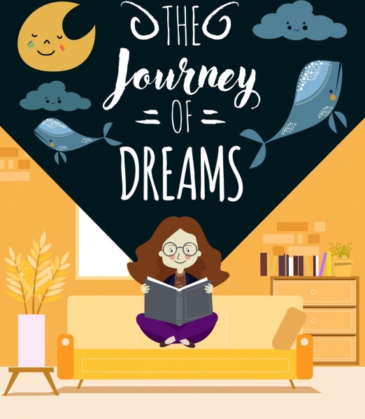 Traum-Hintergrund lesen, dass Mädchen Mond Wolken Wal-Symbole