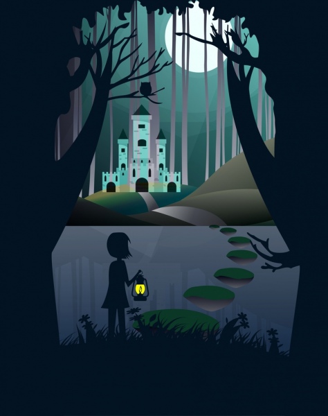 Dream gaya silhouette latar belakang ikon moonlight gadis kecil