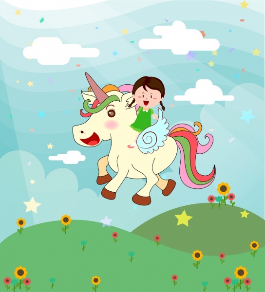 mimpi latar belakang gadis kecil unicorn ikon kartun desain