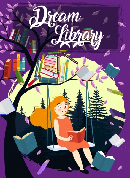 sogno biblioteca banner donna albero volando libri decorazione