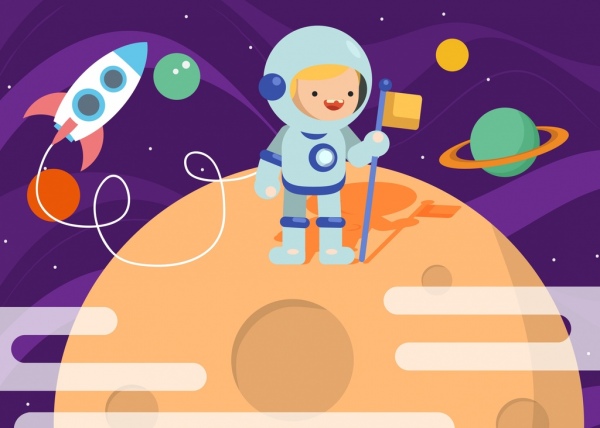 色漫画デザインの背景の宇宙飛行士を夢見て