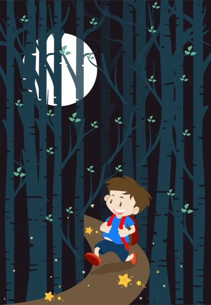 bermimpi latar belakang anak laki-laki berjalan hutan moonlight dekorasi