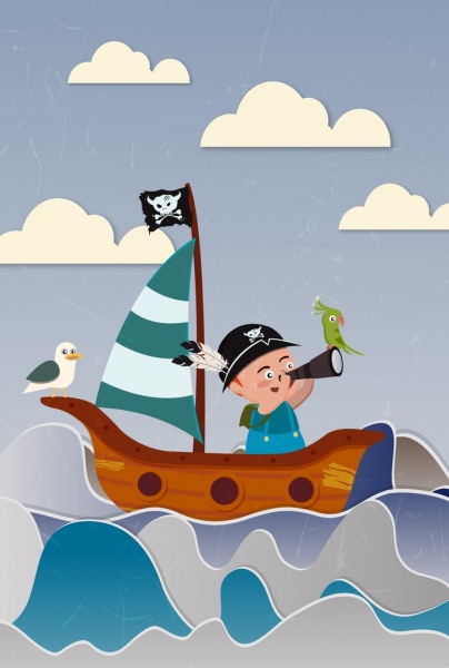 träumenden Hintergrund süßes Kind Meer Segelboot Symbole