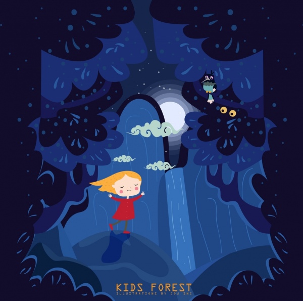 ícones de floresta fundo escuro design azul criança a sonhar