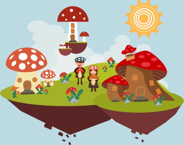 梦幻背景浮动蘑菇土地图标快乐的孩子