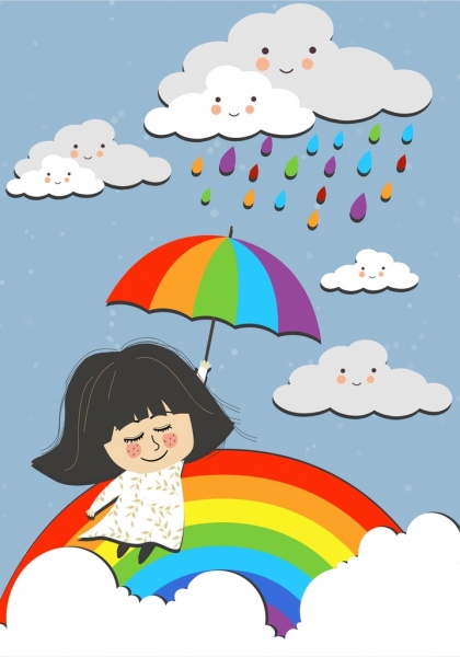 Soñando background Flying Girl estilizadas nubes de colores del arco iris