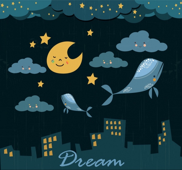 Мечтая фоне пролетел китов стилизованные облака Луны значки