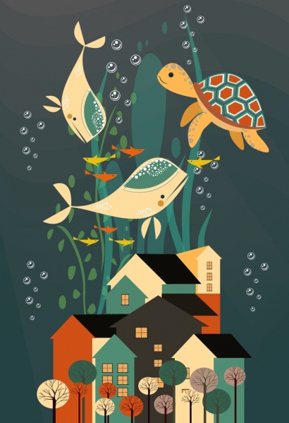 sognando sfondo case balena tartaruga icone decorazione