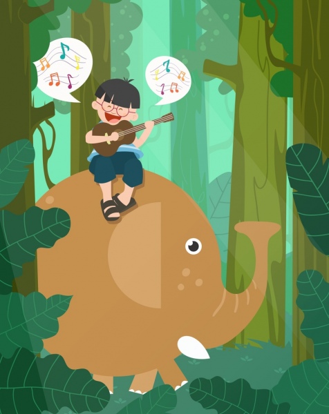 夢想著快樂的男孩騎著大象的彩色卡通背景