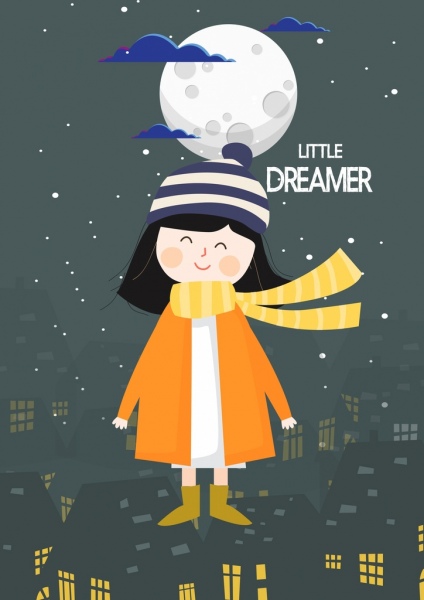 la petite fille rêve contexte chaud manteau clair de lune d'icônes