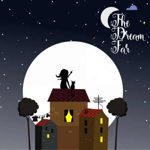 梦幻背景月光女孩猫图标卡通设计