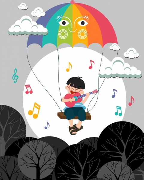 sognando sfondo colorato ombrello cantando ragazzo icone design
