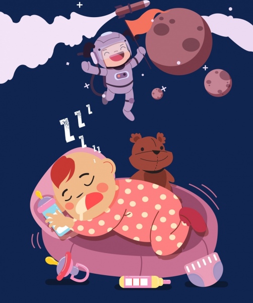 träumender Hintergrund schlafendes Kinderastronautenikonen-Karikaturdesign