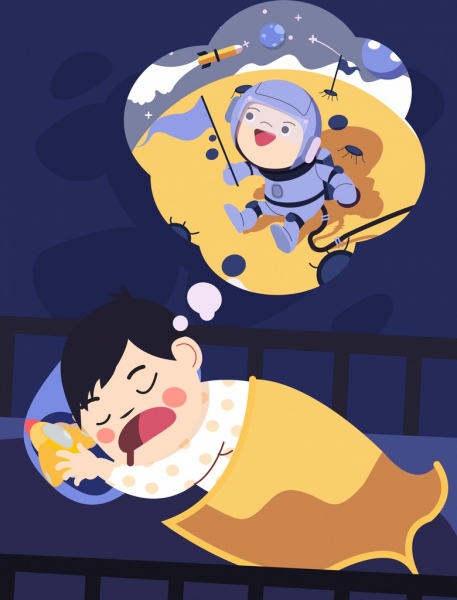 rüya arka plan uyuyan çocuk astronot simgeler çizgi kahramanlar