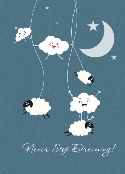 Soñando con ovejas luna estrellas iconos nube estilizada de fondo