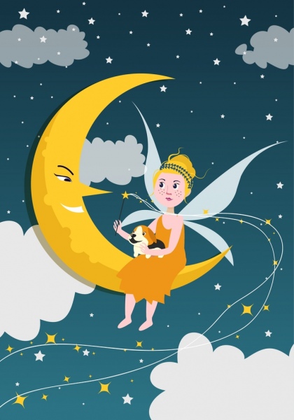sonhar fundo estilizado crescente Fairy Icons colorido Cartoon