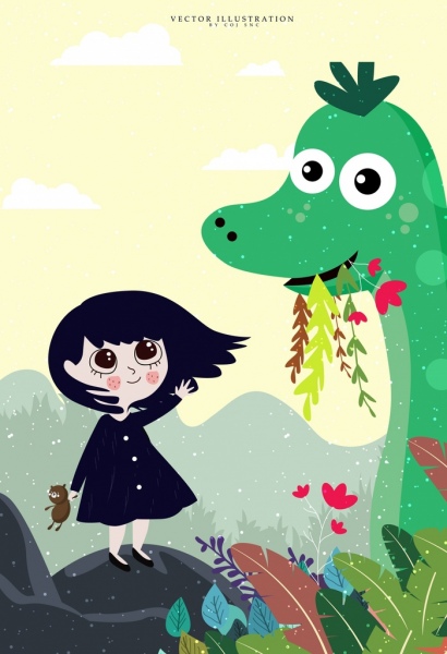 Soñando dibujo niña dinosaurio iconos de dibujos animados de colores
