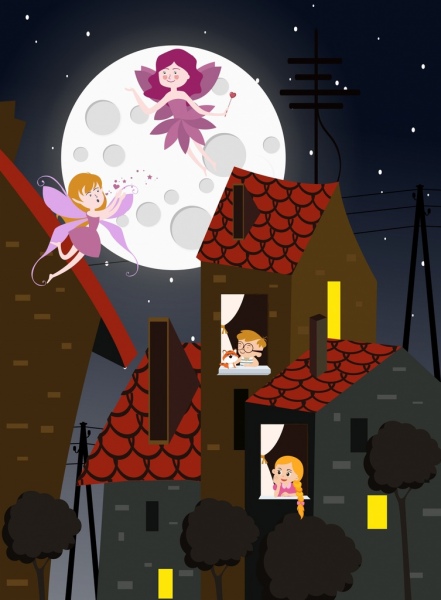 Мечтая живопись дети персонажей мультфильма значки Лунная фея