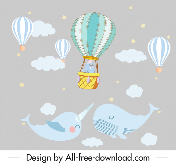 träumendes Muster fliegende Wale Ballons Dekor Cartoon Design