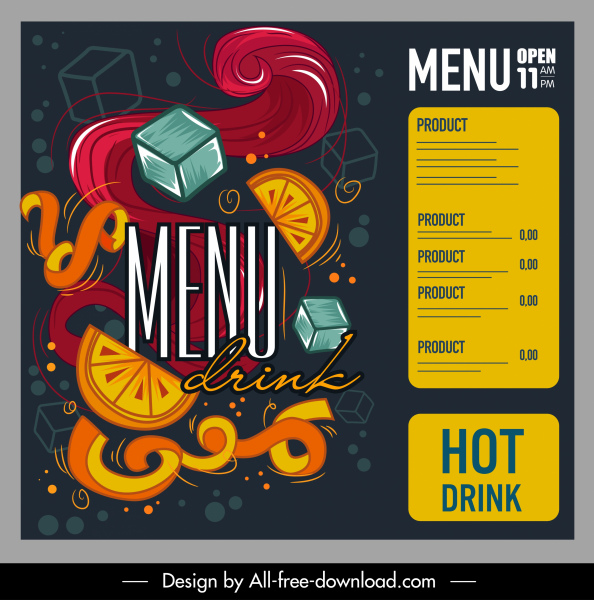 template menu minuman desain handdrawn dinamis berwarna-warni gelap
