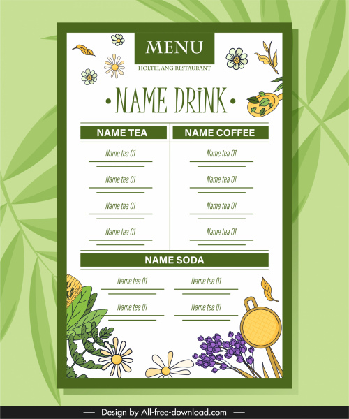 menu minuman template herbal bunga sketsa handdrawn datar