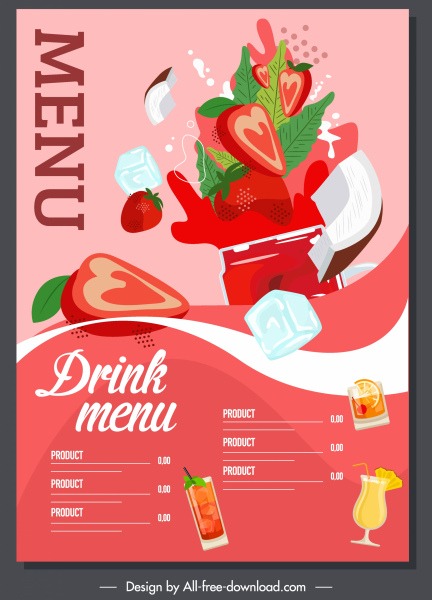 飲料功能表範本飛濺動態設計草莓素描。
