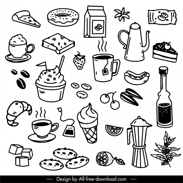 bebidas ícones alimentos preto branco desenhado à mão esboço