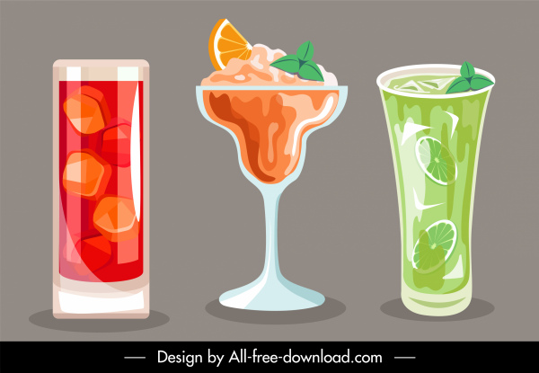 ícones de bebidas colorido esboço clássico plano
