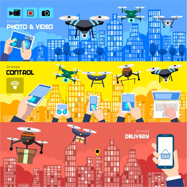 Drohnen Promotion Banner Illustration mit Anwendungskonzepte