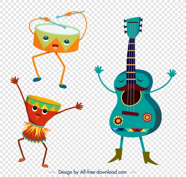 icônes d'instruments de guitare de tambour conception stylisée mignonne