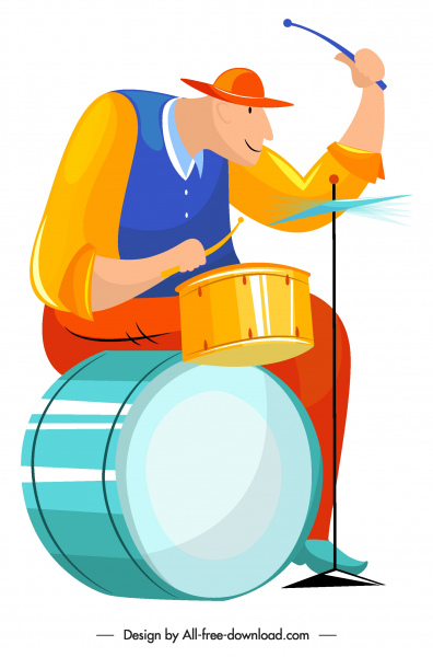 drummer ikon kartun karakter sketsa desain warna-warni
