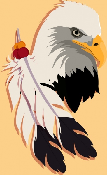 독수리 머리 아이콘 깃털 장식 플랫 디자인 컬러