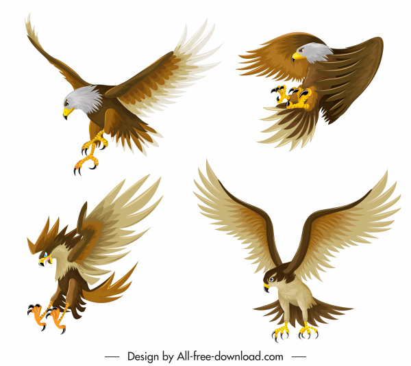 ícones de águia caça gestos esboçar projeto colorido dos desenhos animados