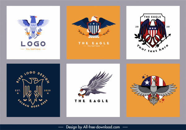 modelos de logotipo águia colorido design elegante plano