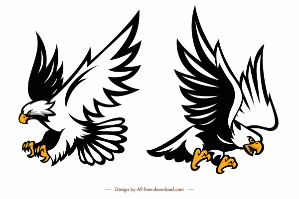 ícones águias voando gesto de caça esboço dinâmico