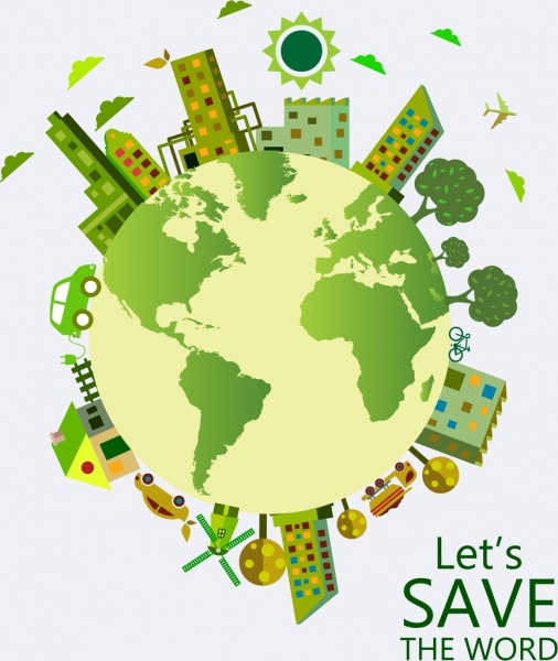 地球日海报绿色星球建筑树木图标