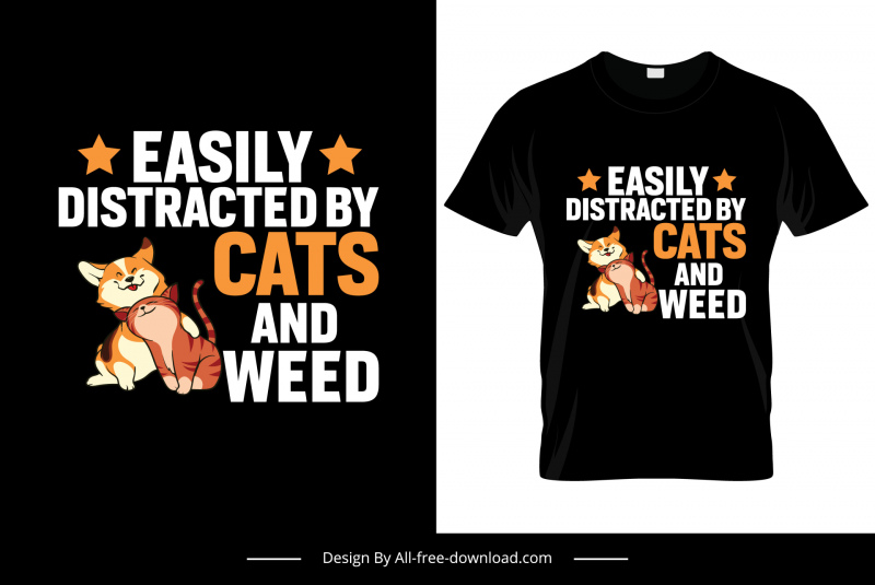 fácilmente distraído por gatos y plantilla de camiseta de hierba lindos animales alegres boceto de dibujos animados