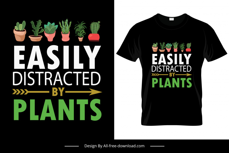 leicht abgelenkt von Pflanzen T-Shirt Vorlage flache Texte Kaktus Zimmerpflanzen Skizze