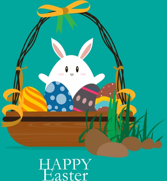 dekorasi penuh warna latar belakang Kelinci Paskah telur keranjang ikon