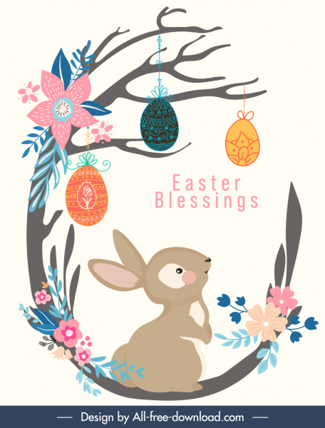 bandera de pascua lindos huevos de conejo elementos de la naturaleza boceto