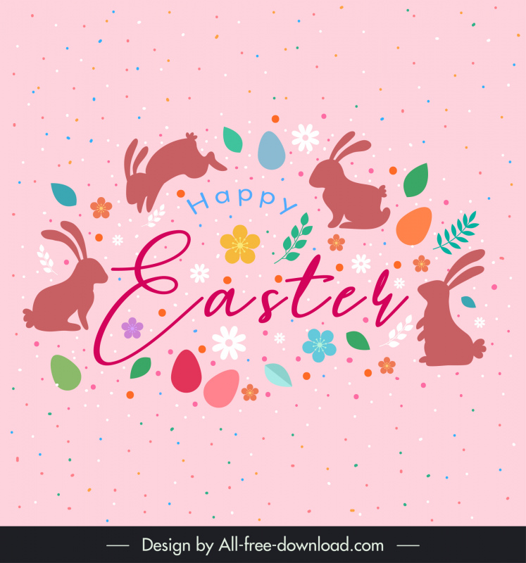 Plantilla de portada de tarjeta de Pascua huevos flores conejitos siluetas caligrafía decoración