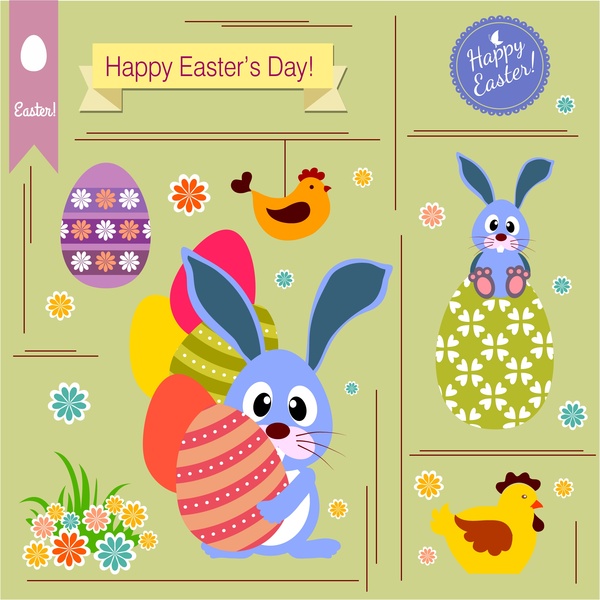 decoración de la tarjeta de Pascua con conejo pollo y huevos