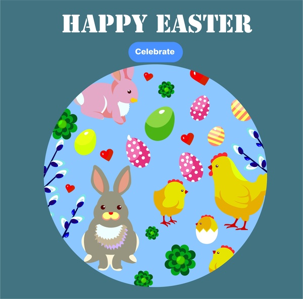 Easter kartu template ilustrasi dengan simbol-simbol di putaran