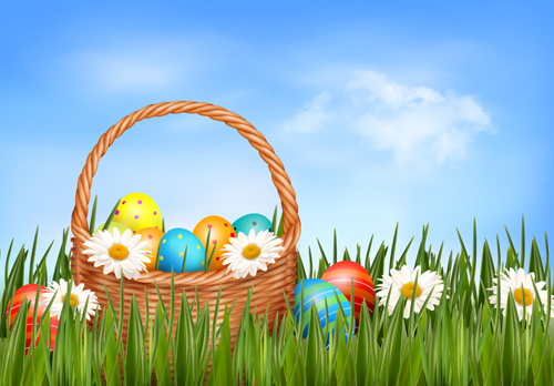 复活节彩蛋和篮子向量