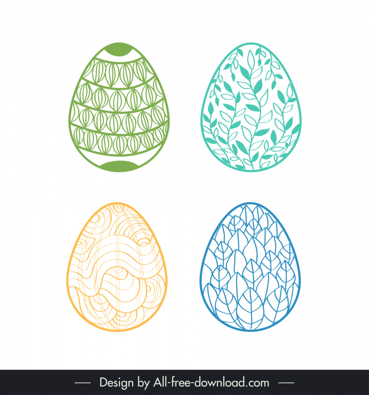 easter eggs ícones define pétalas clássicas planas desenhadas à mão folhas curvas contorno