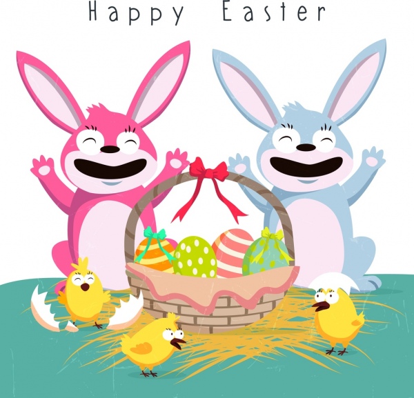 부활절 포스터 귀여운 토끼 병아리 바구니 계란 아이콘