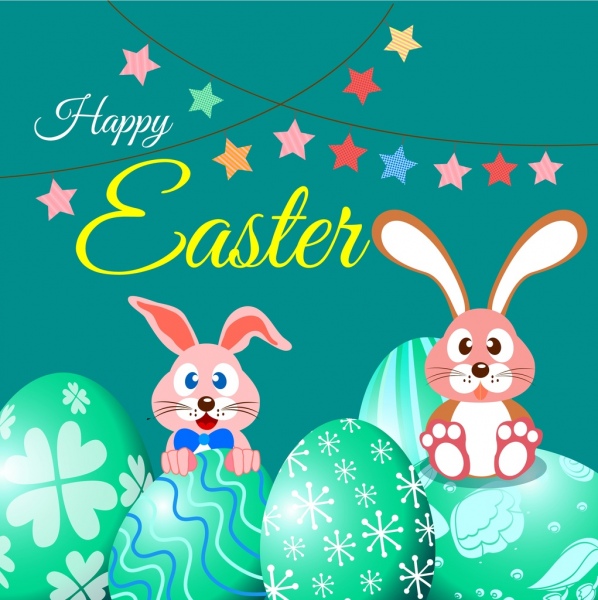 Easter Poster Cute Bunny Green Eggs Stars Decoration