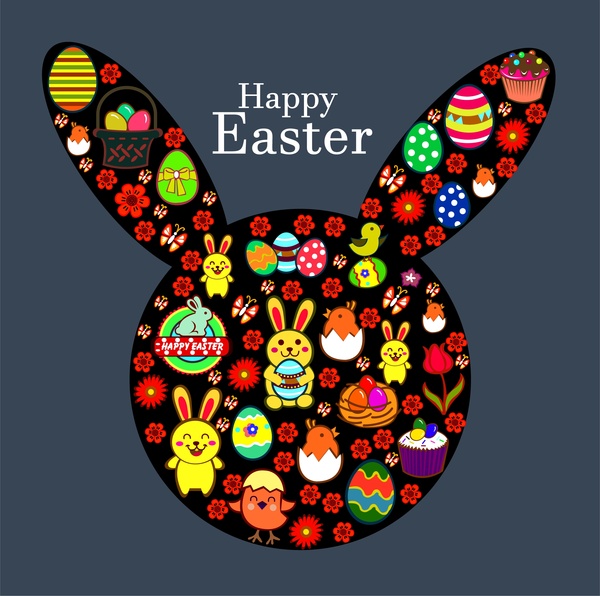Easter Template Design With Rabbit Head And Symbols