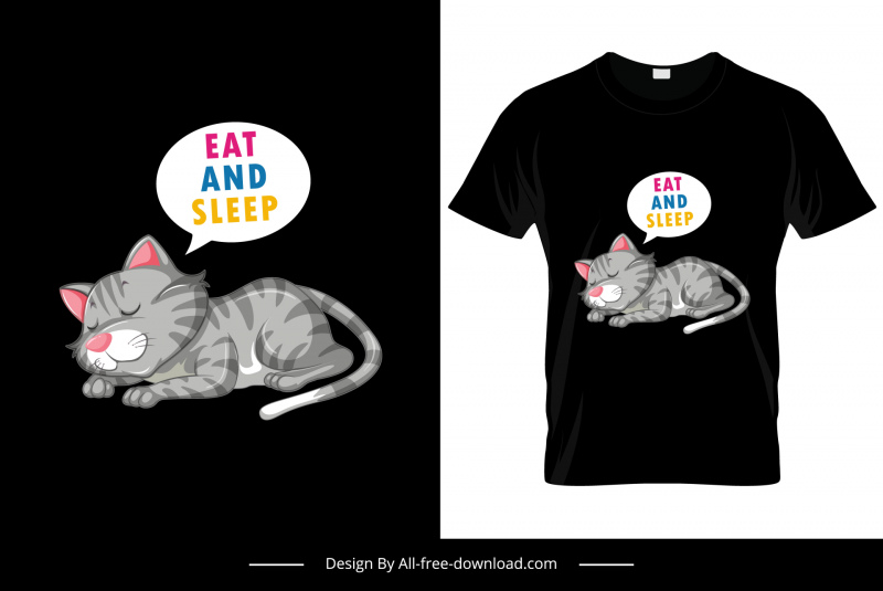 먹고 자고있는 고양이 티셔츠 템플릿 재미있는 만화 스케치