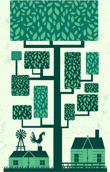 Eco fundo verde design casas de árvore ícones